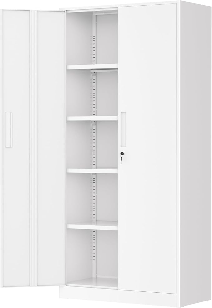 Greenvelly White Metal Storage Cabinet for Garage, 72” Steel Locking Cabinet with Doors and 4 Shelves, Tall Tool Organizer for Garage Systems Lockable File Storage for Home Office, Classroom