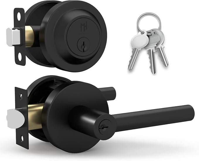 Mega Handles Ronn Entrance Combo, Entry Lever Door Handle and Single Cylinder Deadbolt Lock and Key Combo Pack, Heavy Duty Round Locking Door Levers Set for Left or Right-Handed Doors - Matte Black