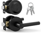Mega Handles Ronn Entrance Combo, Entry Lever Door Handle and Single Cylinder Deadbolt Lock and Key Combo Pack, Heavy Duty Round Locking Door Levers Set for Left or Right-Handed Doors - Matte Black