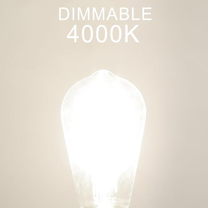 Dimmable LED Edison Bulb, E26 LED Bulb 60 watt Equivalent, Cool White 4000K, ST58 Vintage Light Bulbs, 90+ CRI, 6W 600LM, E26 Base, Clear Glass, 6 Pack