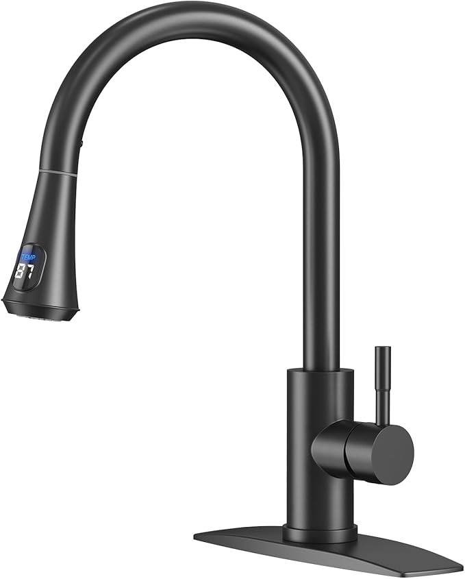 FORIOUS Black LED Kitchen Faucet with Pull Down Sprayer, High Arc Single Handle Modern Stainless Steel Sink Faucet with Temperature Digital Display, Suitable for Farmhouse Camper Rv Bar