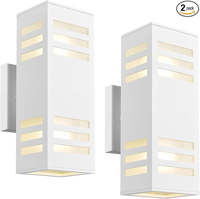 harriet Porch Lights Outdoor Modern - IP64 Waterproof Aluminum and Tempered Glass Cover, 13" Rectangular Up/Down Wall Sconce for Porch, Garage & Patio, Exterior Lighting, White, 2 Pack