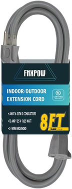 Indoor Outdoor Extension Cord 8 FT Waterproof, 16/3 Gauge Heavy Duty Gray Extension Cords, 13A 1625W SJTW Extension Cord with 3 Prong Grounded Plug, Great for Tools, Lights, UL Listed.