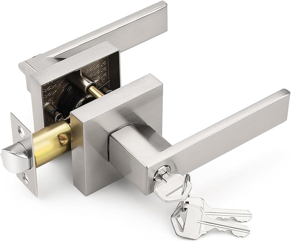 Square Entry Door Lever with Lock and Key, Brushed Nickel Entrance Door Handles, for Exterior or Interior Doors,1 Pack (Each with 3 Keys)