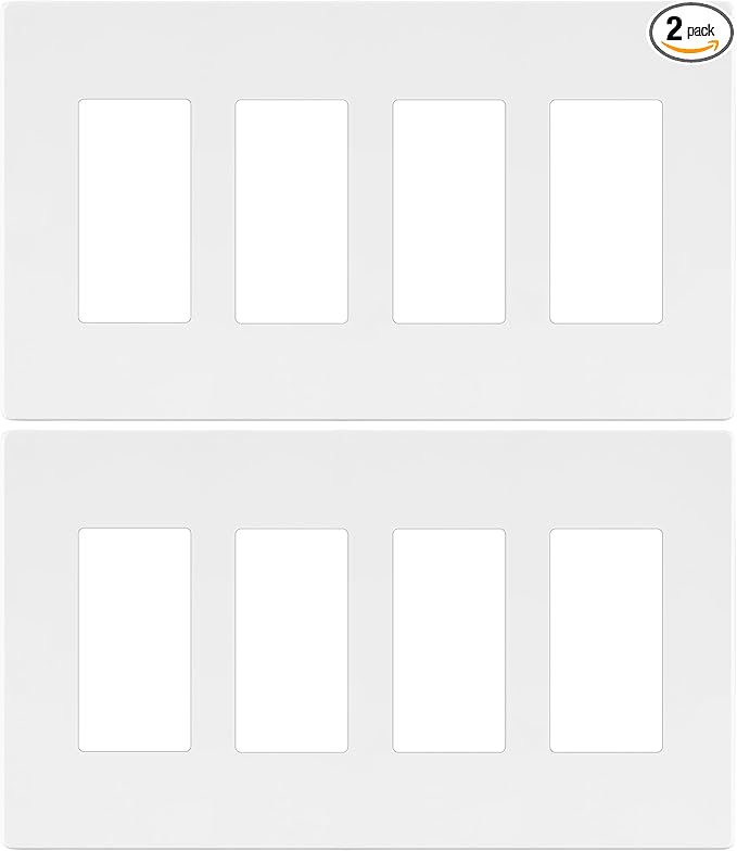 LIDER Matte Finish Quadruple Decorator Switch Cover, Screwless Wall Plate, Mid-Size 4-Gang 4.88" x 8.58", Polycarbonate Thermoplastic, UL Listed, LSWP-34M-W2P, White, 2 Pack