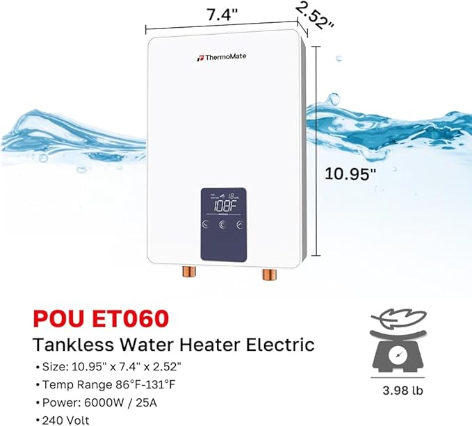 Tankless Water Heater Electric for Sink Faucet, ThermoMate 6000W 240V Point of Use Mini Instant Hot Water Heater CSA Certified with Self-modulating, 1.07GPM at 35°F Rise