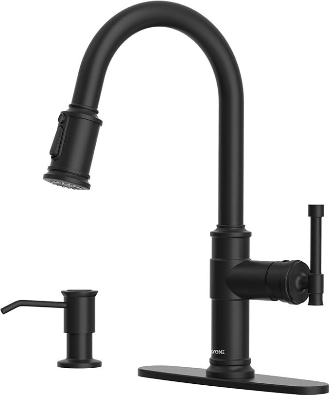 Matte Black Kitchen Faucets with Pull Down Sprayer, DAYONE Single Handle Stainless Steel Kitchen Faucet One Hole High Arc Farmhouse Sink Faucets with Soap Dispenser, DAY-136MB