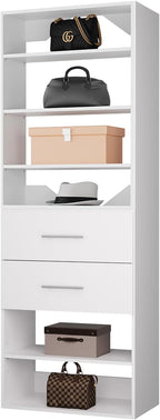 ROOMTEC Modular Closet System, 19.5" 2 Drawer Shelf Closet Tower Wall-Mounted Closet Organizer, Wooden Tower for Walk-In Closets, Wardrobe Storage Kit, White