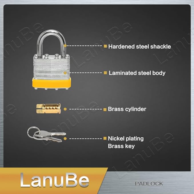 LanuBe Lock Laminated Steel Keyed Padlock,Keyed Alike Locks, Normal Shackle Padlock, Marked Yellow Plastic Hoop, Pack of 60