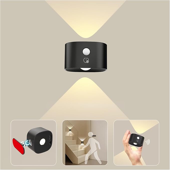 UP&Down Light Source Wall Sconces with Motion Sensor, Cordless LED Wall Night Lights 360°Rotate & Rechargeable Battery Operated, 3 Brightness, Indoor Motion Detection Wall Lamps for Pictures Corridor