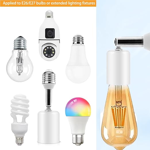 Ceramic & Metal E26 Light Socket Extender,150w-Heat-resistant-Ideal for Light Holder Extension,Electrical Socket Extender，180° Bendable Adapter Screw Base Light Bulb Extension, 2pcs (White)