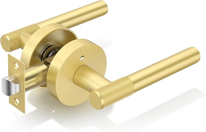 Amerdeco 1 Pack Brushed Gold Door Handles Interior, Knurled Privacy Door Handles with Lock,Gold Door Lever for Bedroom or Bathroom,Reversible Keyless for Left Right Handed Doors AM0027