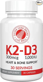 Silver Fern Vitamin K2-D3 Supplement Brand - Natural, Non-Synthetic - K2-7 as Menaquinone-7 (MK-7) - D3 as cholecalciferol - Bone, Heart & Energy Support (2 Bottles - 60 Capsules - 60 Servings)