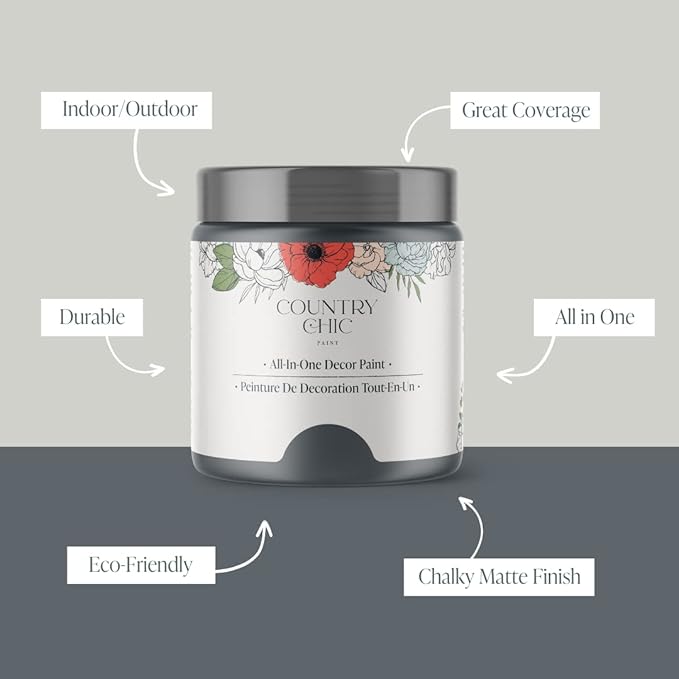 Country Chic All-in-One Chalk Paint for Furniture, Cabinets, Home Decor, Eco-Friendly, Matte Finish, Built-In Primer & Top Coat for Wood, Metal - Hurricane (Cool Grey) - Quart 32 oz (950 ml)