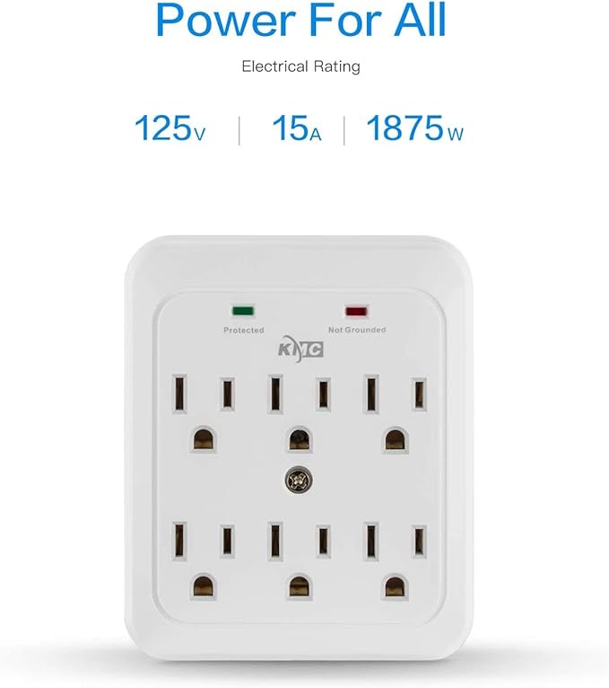 KMC Wall Surge Protector, 980 Joule, 6-Outle Wall Plug Adapter Power Strip, White(2 Pack)