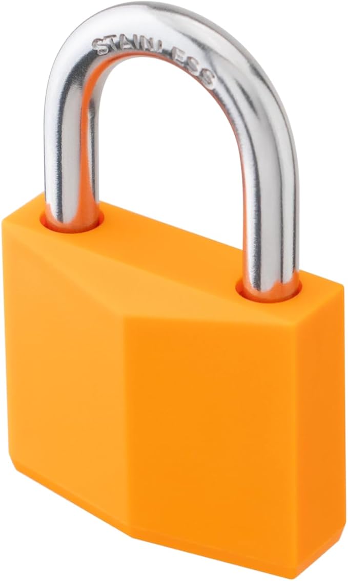 2-Pack Keyed Alike Locks, Orange Covered Brass Keyed Padlock with Stainless Steel Shackle, 1-9/16 Inch Lock Body, Rustproof Locks for Luggage Gate Fence Hasp Cabinet Toolbox Gym School Locker