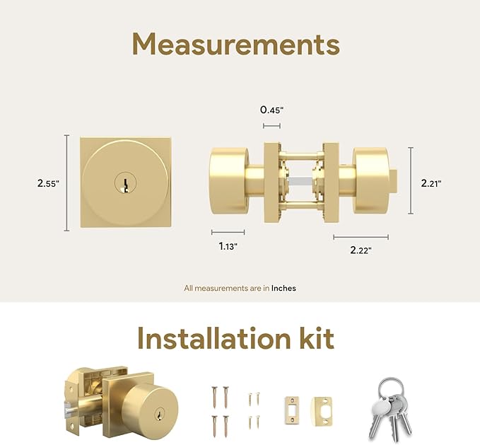 Mega Handles SUANA Entrance Door Knob for Entrance, Bedroom and Bathroom, Reversible Heavy Duty Design Door Knobs, Fits All Standard Door Sizes, Screws Included - Satin Brass (1 Pack)