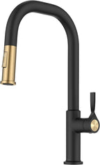 KRAUS Torak Pull Down Kitchen Faucet in Spot-Free Brushed Brass/Matte Black with 2 Function Sprayer, Pre-Attached Water Lines, and Mounting Hardware, KPF-2841SFBBMB