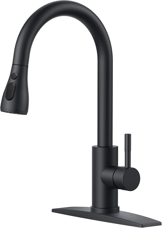 FORIOUS Black Kitchen Faucet with Pull Down Sprayer, High Arc Single Handle Classic Stainless Steel Sink Faucet 1 or 3 Hole, Suitable for Farmhouse Camper Laundry Rv Bar