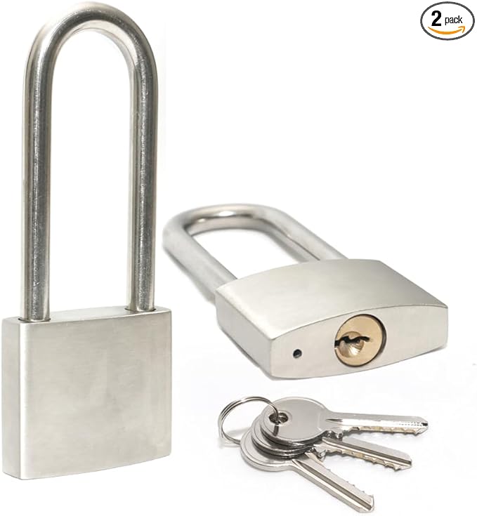 LanuBe 304 Stainless Steel Keyed Alike Padlocks for Outdoor use, Pin Tumbler Padlock, 2 inch Wide Body, Stainless Steel Body Long Shackle, Pack of 2
