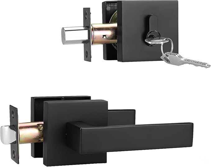 1 Pack Keyed Entry Door Lock with Deadbolt Set, Reversible Passage Lever and Keyed Alike Double Cylinder Deadbolt, Matte Black Square Handleset for Bedroom, Front Door