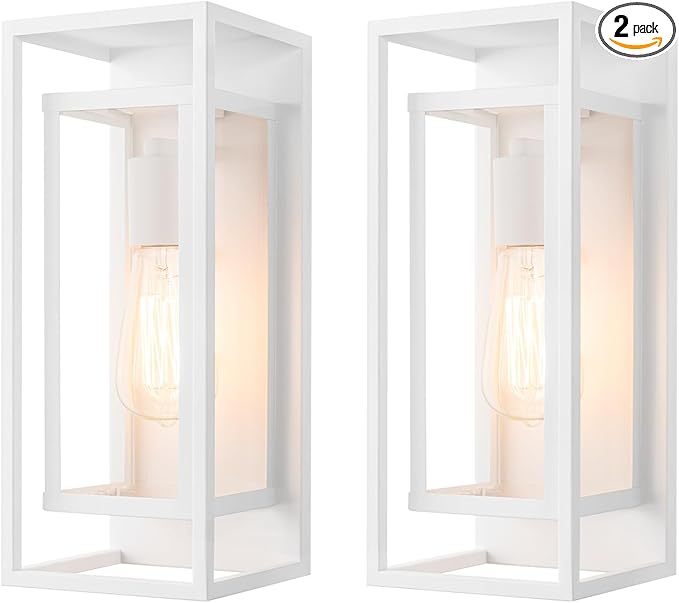 mirrea 14" Classic Outdoor Wall Sconce 1 Light in Rectangular Metal Frame and Clear Glass Shade Waterproof Porch Light Patio Light Pack of 2 (Matte White)