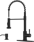 APPASO Black Kitchen Faucet with Soap Dispenser and Pull Down Sprayer, SUS304 Stainless Steel Commercial Single-Handle Spring Faucet for Kitchen Sink, Matte Black