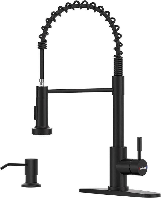 APPASO Black Kitchen Faucet with Soap Dispenser and Pull Down Sprayer, SUS304 Stainless Steel Commercial Single-Handle Spring Faucet for Kitchen Sink, Matte Black