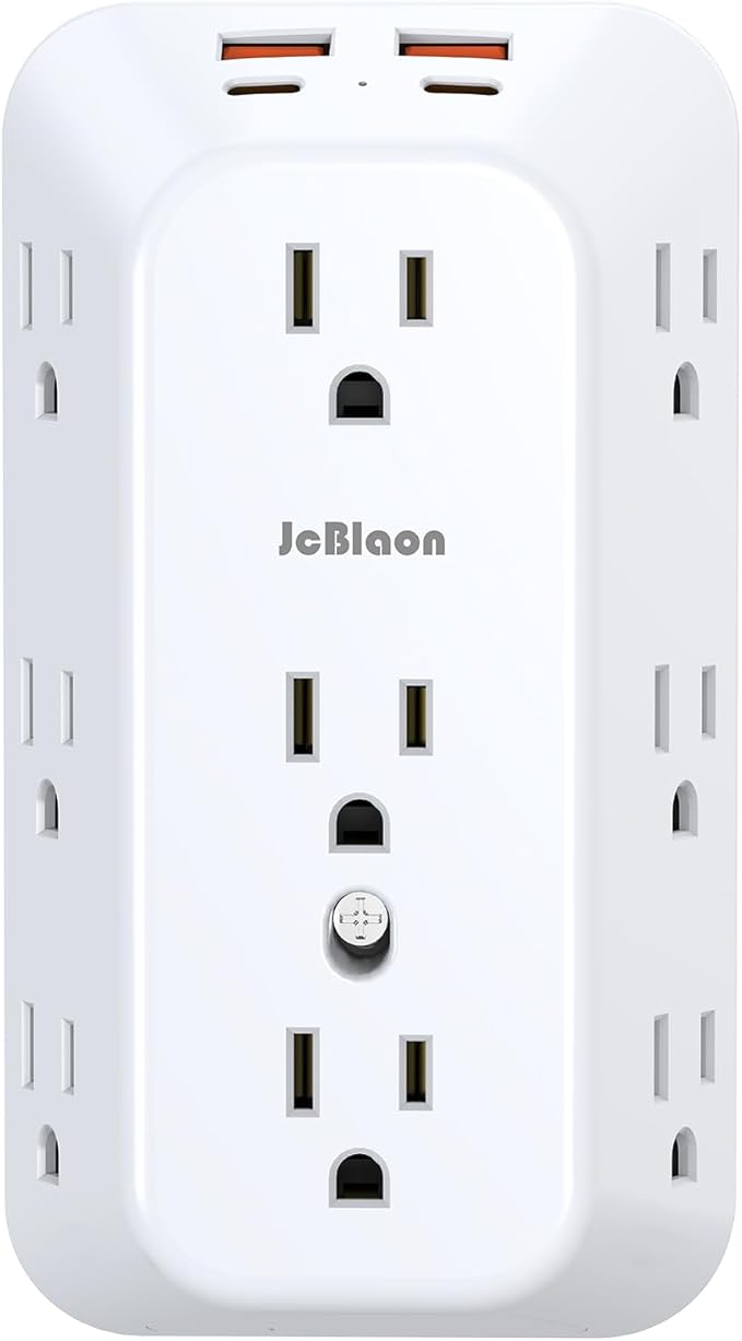 Outlet Extender Wall Charger with Multi Plug Adapter 9 AC Outlets 4 USB Charging Ports 1875W 1050J Surge Protector Power Strip Spaced Splitter for Home, Travel, Dorm Room Essentials