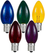 Novelty Lights Incandescent Replacement Bulbs - Outdoor Individual Bulbs for Events, Holiday Parties, Patios, and More - C7/E12 Candelabra Base, 5 Watt Lights (Multicolor, 25 Pack)