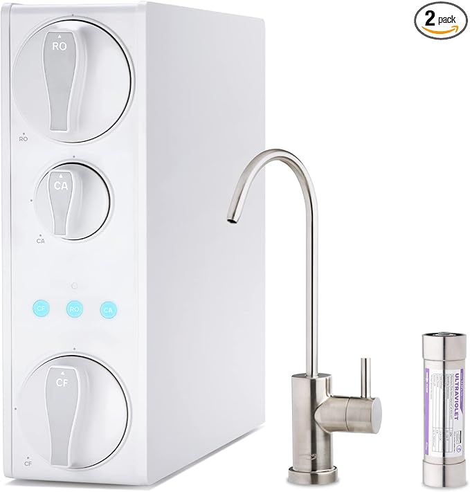 iSpring RO500AK-BN+UVF8 Tankless Reverse Osmosis Water Filtration System with Natural pH Alkaline Remineralization and LED UVF8 Light, 500 GPD RO System, Brushed Nickel Faucet, 2:1 Pure to Drain Ratio