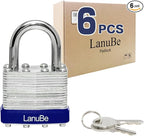 LanuBe Lock Laminated keyed Padlock (1-9/16", 40mm), keyed Alike Locks, Normal Shackle,Marked Blue Plastic Hoop, Pack of 6