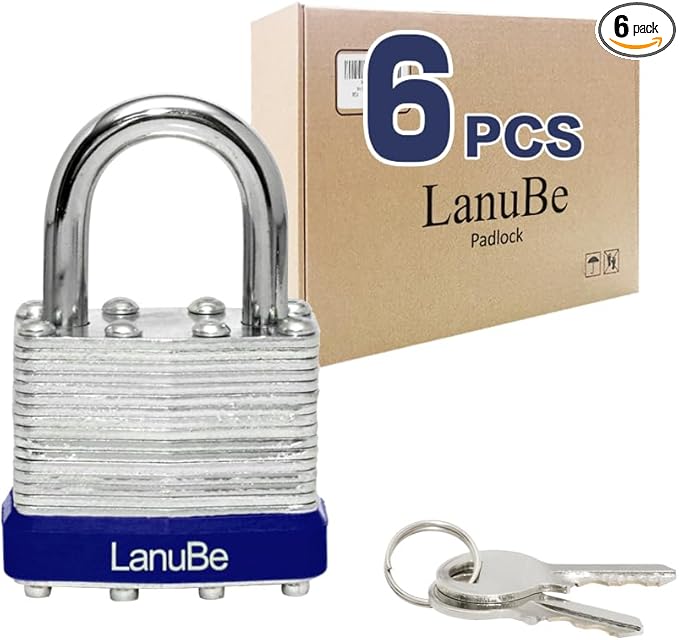 LanuBe Lock Laminated keyed Padlock (1-9/16", 40mm), keyed Alike Locks, Normal Shackle,Marked Blue Plastic Hoop, Pack of 6