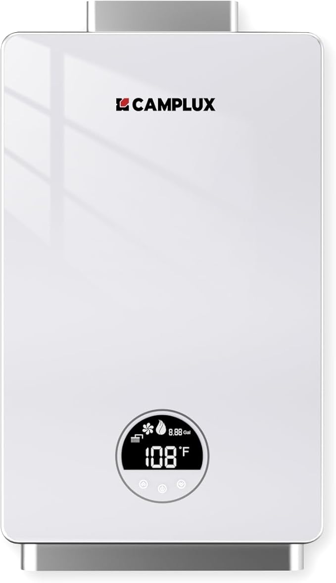CAMPLUX Propane Tankless Water Heater 3.18 GPM, 82,000 BTU Instant On Demand Propane Hot Water Heater with Glass Panel Residential for 2-3 Points Use, White