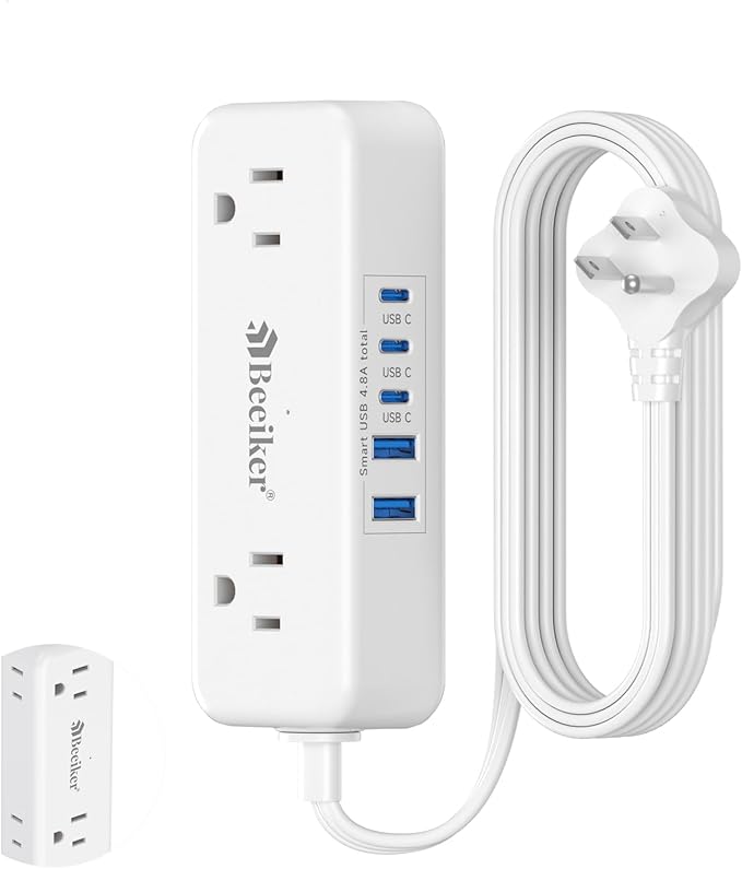 5 USB(3 USB C) Travel Power Strip- 5Ft Short Extension Cord with 5 USB Charging Station 24W/4.8A and 4 Wide Outlets, Compact Flat Plug Small Extension Cord for Travel Cruise College Dorm Office White