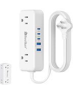 5 USB(3 USB C) Travel Power Strip- 5Ft Short Extension Cord with 5 USB Charging Station 24W/4.8A and 4 Wide Outlets, Compact Flat Plug Small Extension Cord for Travel Cruise College Dorm Office White
