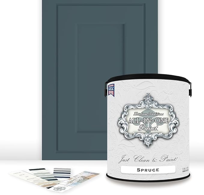 ALL-IN-ONE Paint, Durable cabinet and furniture paint. Built in primer and top coat, no sanding needed. Includes our 30 featured color card - Spruce (gray green with slight blue undertone), Gallon