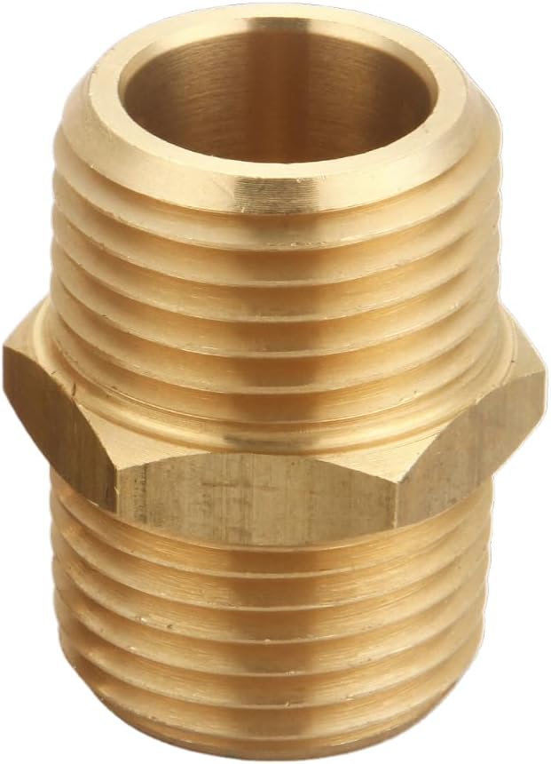 1/2 Inch x 1/2 Inch NPT Brass Hex Nipple Male Pipe Adapter, Thread 0.75" OD to 0.75" OD, (5 Piece)