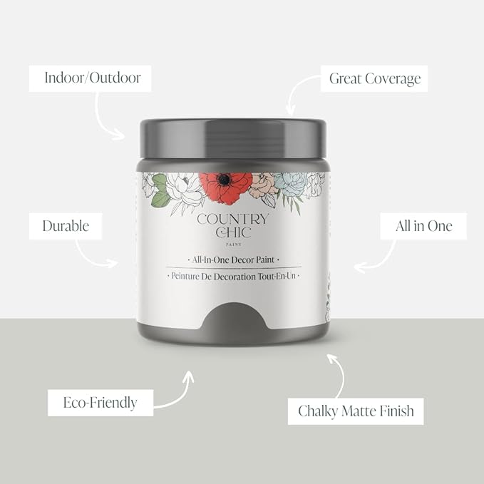 Country Chic All-in-One Chalk Paint for Furniture, Cabinets, Home Decor, Eco-Friendly, Matte Finish, Built-In Primer & Top Coat for Wood, Metal - Cobblestone (Grey) - Pint 16 oz (475 ml)