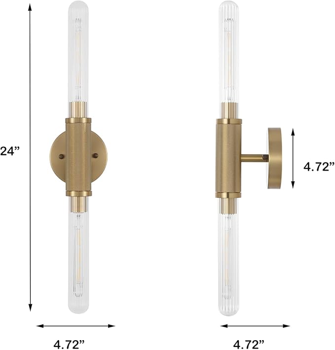 Gold Knurled Texture Wall Sconces 24" Modern Cylinder Bathroom Vanity Lights Fixtures with Clear Striped Glass Shade 2-Lights Indoor Wall Lighting for Living Room Bedroom Kitchen