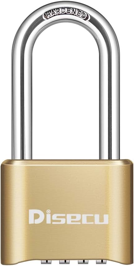 1 Pack disecu Heavy Duty 4 Digit Combination Lock, 2.5 Inch Long Shackle Outdoor Waterproof Padlock for School Gym Locker, Storage Unit, Fence, Gate, Toolbox (Brass)