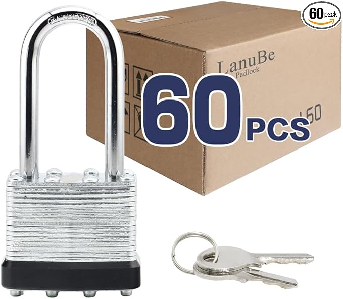 LanuBe Lock Laminated keyed Padlock (1-9/16", 40mm), keyed Alike Locks, Long Shackle,Marked Black Plastic Hoop, Pack of 60