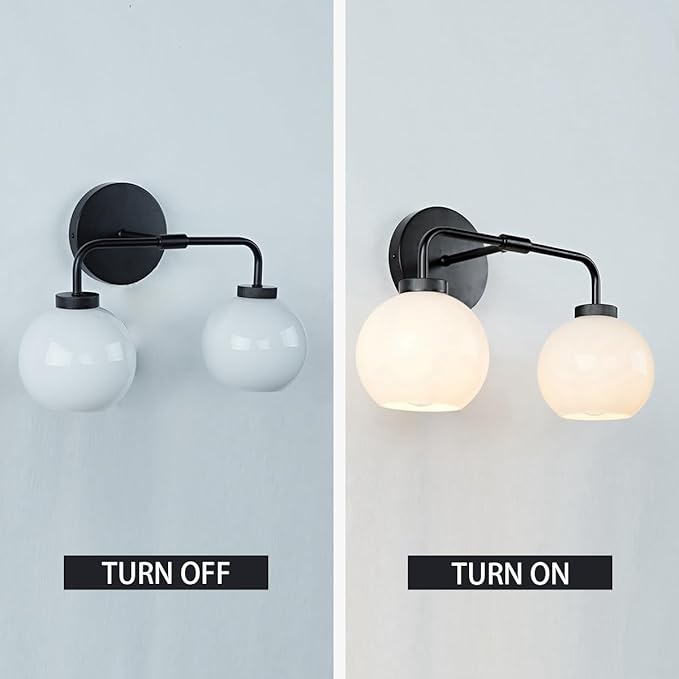Minimalist Matte Black Metal Finish Glass Globe Double Wall Sconce, 17 Inch Hand-Polished Vanity Light with Milky Glass Shade Over Mirror, Wall Light for Hallway, Bathroom (Milk Glass-Matte Black)
