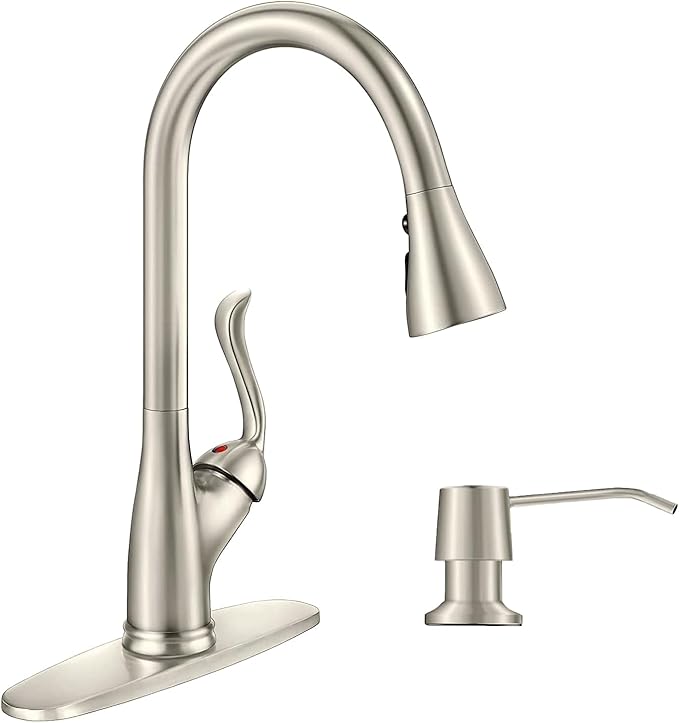 APPASO Patented Kitchen Faucet with Pull Down Sprayer and Soap Dispenser - Single Handle Stainless Steel Brushed Nickel High Arc Pull Out Kitchen Sink Faucets with Deck Plate
