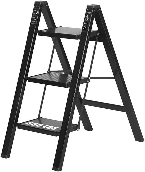 3 Step Ladder, Aluminum Lightweight Folding 3 Step Stool with Anti-Slip Wide Pedal, 330lbs Capacity Step Ladder for Household,Kitchen,Office, Ease of Folding, Portable