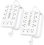 2 Pack 5 FT Flat Plug Surge Protector Power Strip,11 Multiple AC Outlets with 6 USB Ports (2 USB C), 5 Feet Extension Cord, 1250W/10A, One Touch Switch Button, 17 in 1 Compact powerstrip