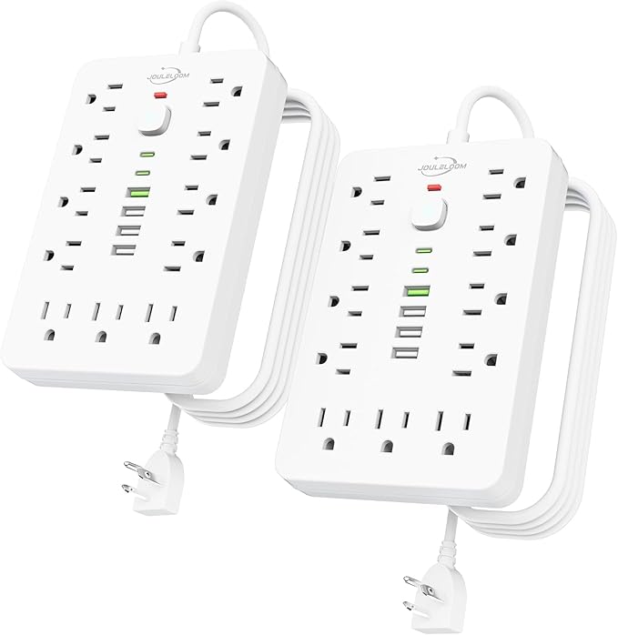 2 Pack 5 FT Flat Plug Surge Protector Power Strip,11 Multiple AC Outlets with 6 USB Ports (2 USB C), 5 Feet Extension Cord, 1250W/10A, One Touch Switch Button, 17 in 1 Compact powerstrip