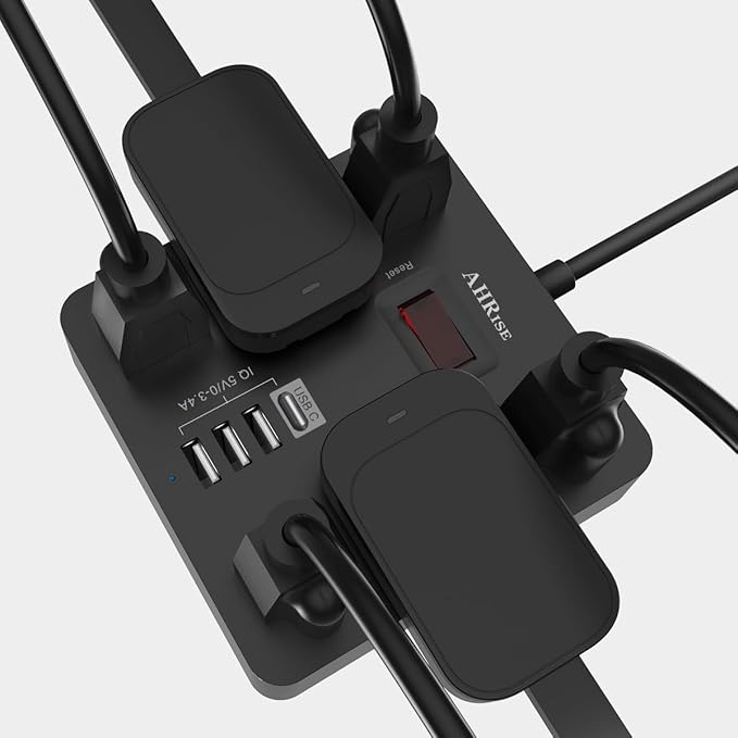 Power Strip, AHRISE Extension Cord with 6 AC Outlets and 4 USB Charging Ports(5V/3.4A,17W) for Smartphone Tablets Home, Office, Hotel, Cruise Ship, 5 Feet Long Cord, ETL Listed -Black