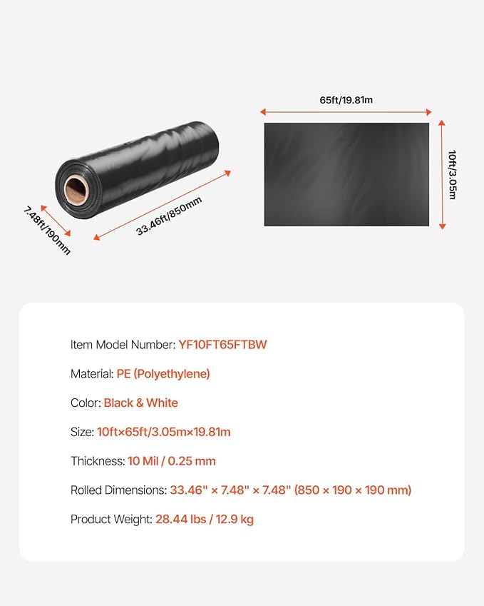 VEVOR 10 Mil Plastic Sheeting Heavy Duty 10' x 65', Thick Plastic Sheeting Roll, Plastic Drop Cloth Painters Tarp Covering for Crawl Space Vapor Barrier, Black and White Double-Sided, Multi-Purpose