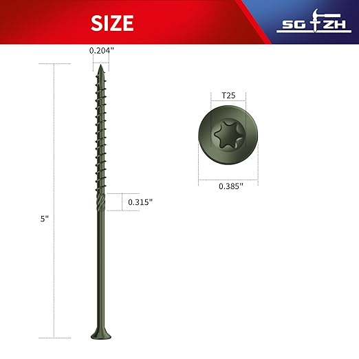 #10 x 5 Inch Deck Screws (36Pcs) 1lb. Carbon Steel, Green, Flat Head, Rust Resistant epoxy Coated, with T25 Star Bit